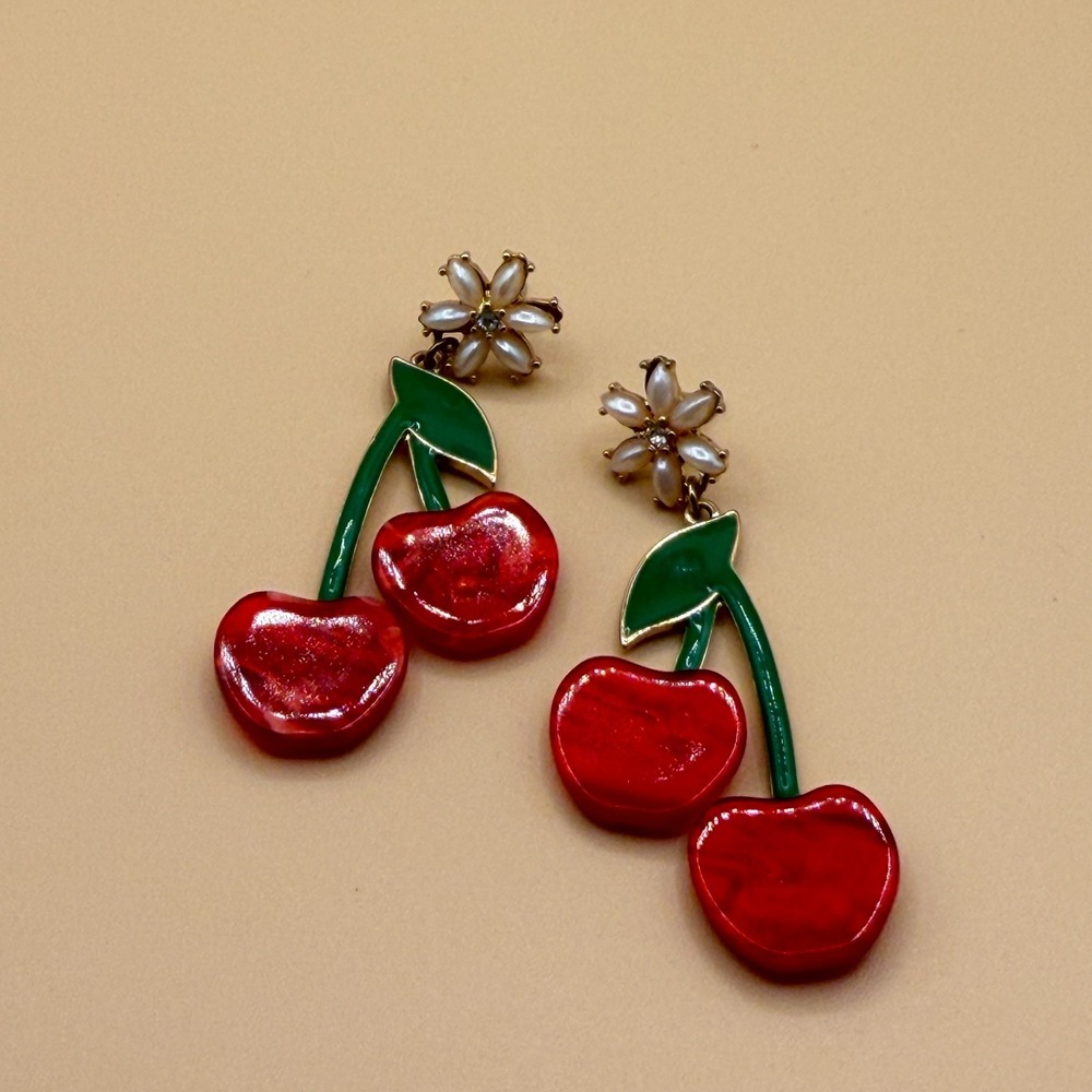 Red Cherry Dangle Earrings Pearl Flower Green Enamel Coquette Statement Gift - Picture 4 of 15